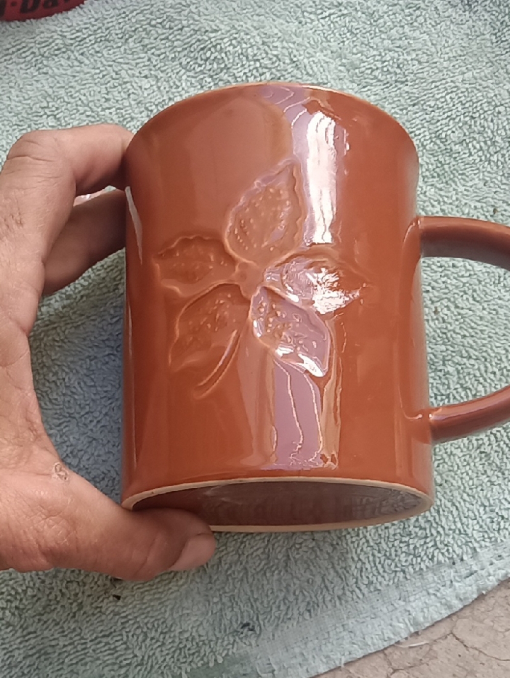 Brown Floral Embossed Ceramic Coffee Mug